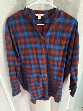 L.L. Bean Red and Blue Plaid Women's Band-Collar Button-Down Shirt